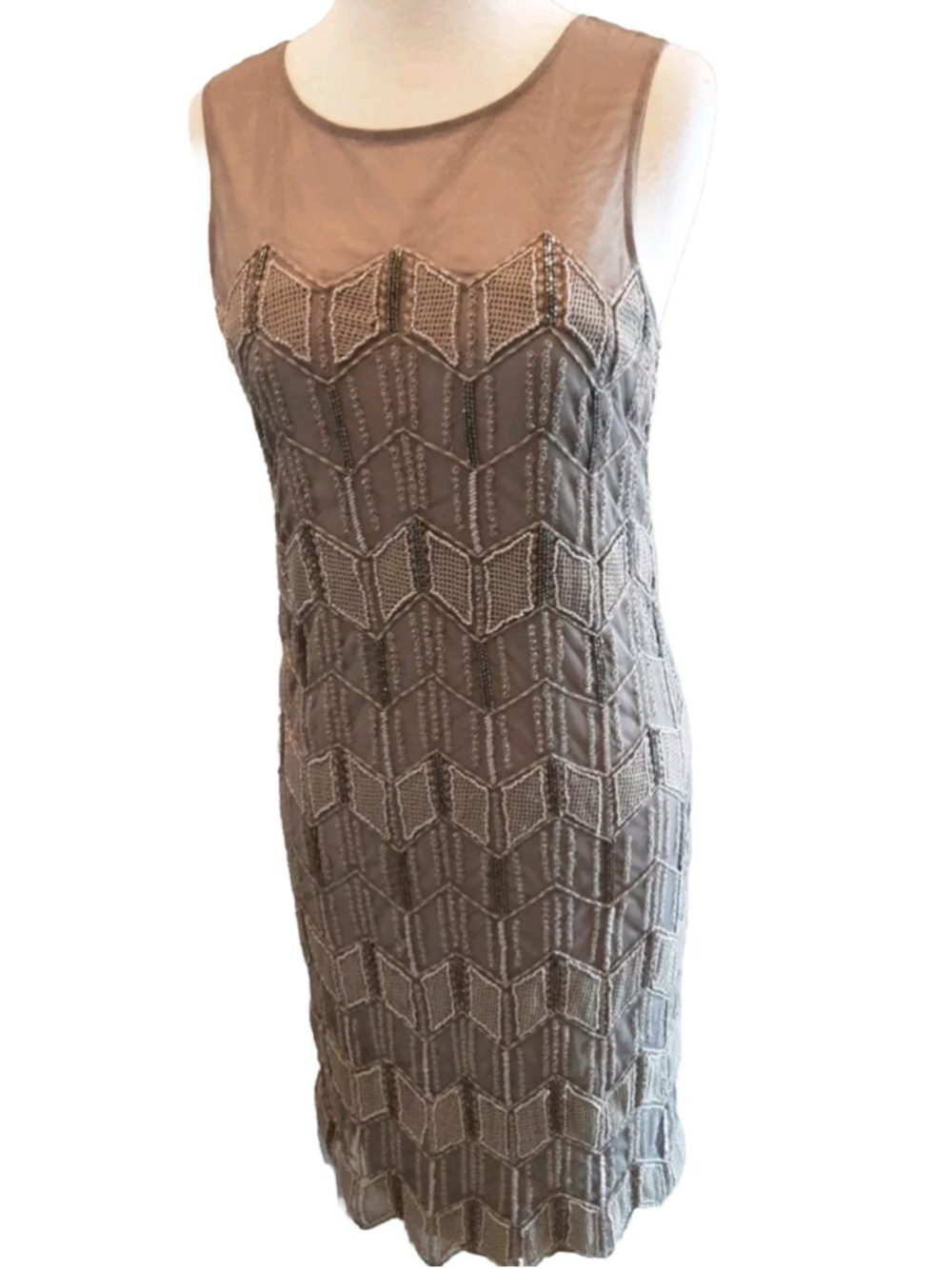 SUNDANCE Beaded Chevron Gray Taupe Silver Knee Length Dress NWOT Sz 4